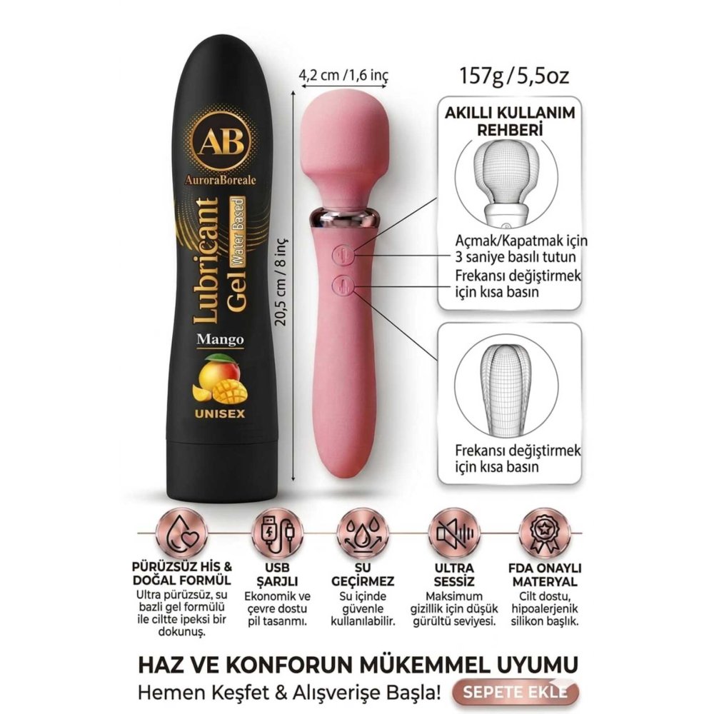 Premium Mangolu Kayganlaştırıcı Jel 10 Titreşim Modlu Masaj Aksesuar Set