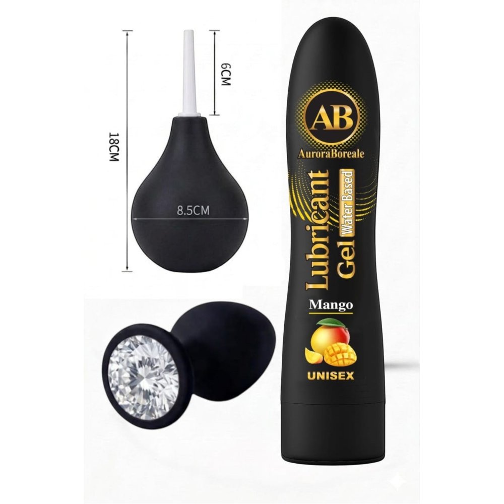 Premium Mangolu Kayganlaştırıcı Jel Siyah Pompası Beyaz Taşlı Aksesuar 3 lü Set