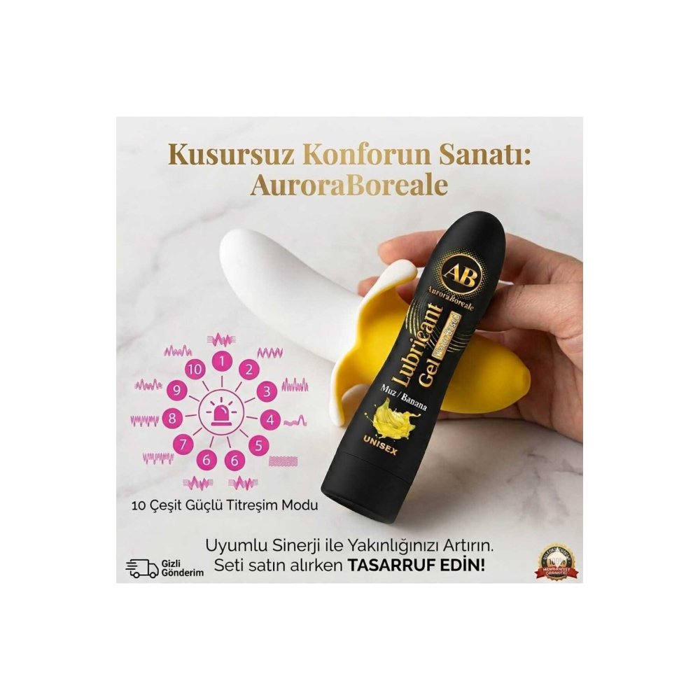 Premium Muzlu Kayganlaştırıcı Jel 10 Modlu Muz Tasarımlı Masaj Aleti Aksesuar 2 li Seti