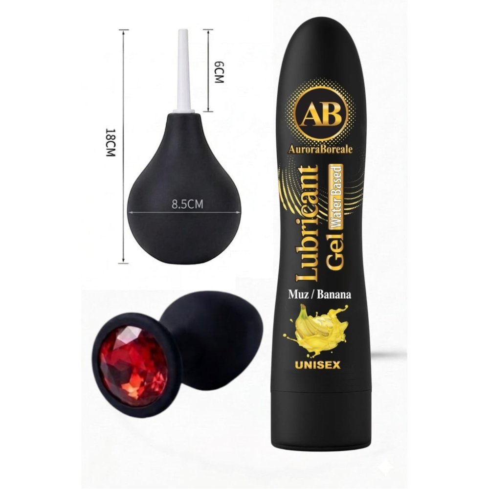 Premium Muzlu Kayganlaştırıcı Jel Temizleme Pompası Kırmızı Taşlı Aksesuar 3 lü Set