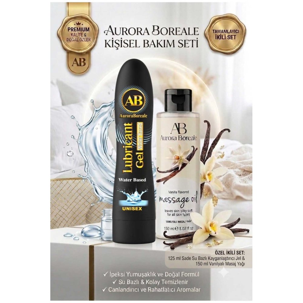 Premium Sade Su Bazlı Kayganlaştırıcı Jel Vanilya Kokulu Masaj Yağı 2 si 1 Arada Set