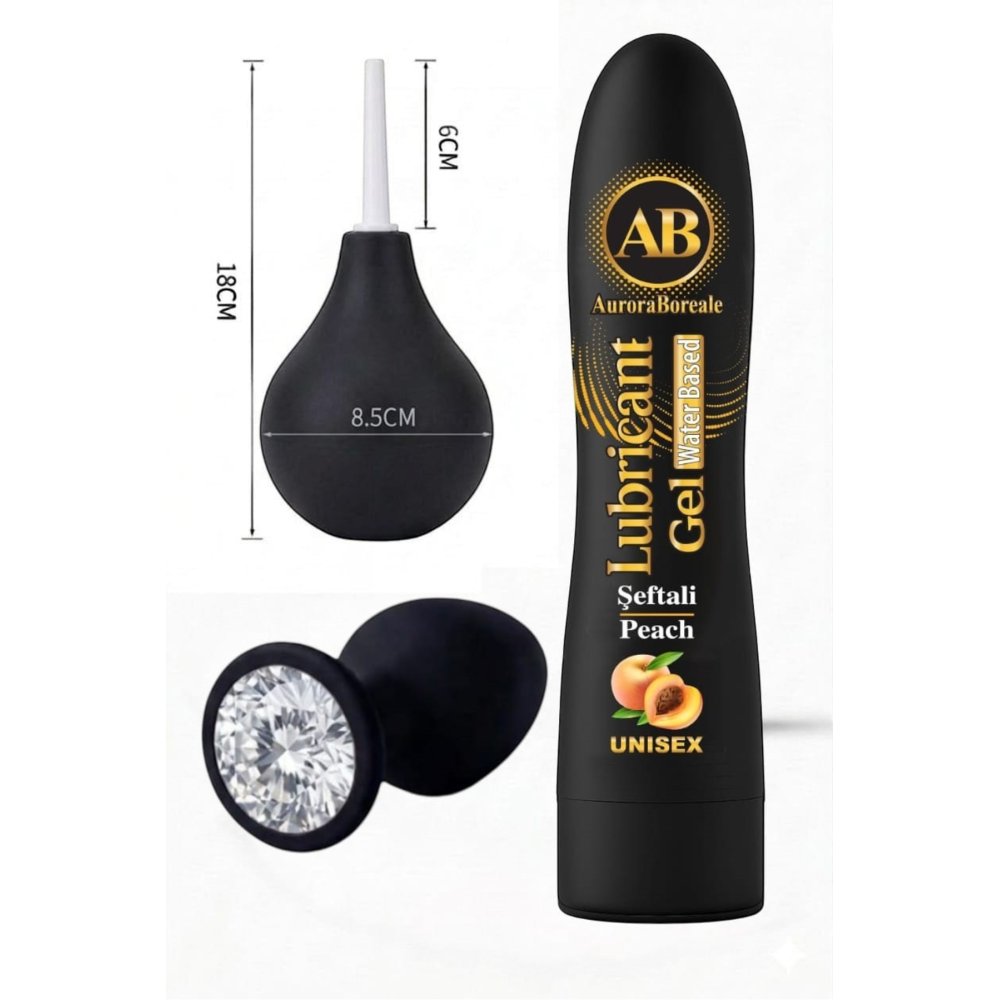 Premium Şeftali Aromalı Kayganlaştırıcı Jel Siyah Pompası Beyaz Taşlı Aksesuar 3 lü Set