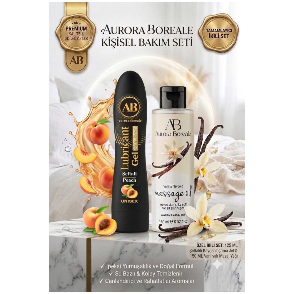 Premium Şeftali Aromalı Kayganlaştırıcı Jel Vanilya Kokulu Masaj Yağı 2 si 1 Arada Set