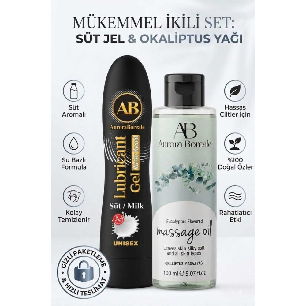 Premium Süt Aromalı Kayganlaştırıcı Lubricant Jel Okaliptus Masaj Yağı 2 Li Set