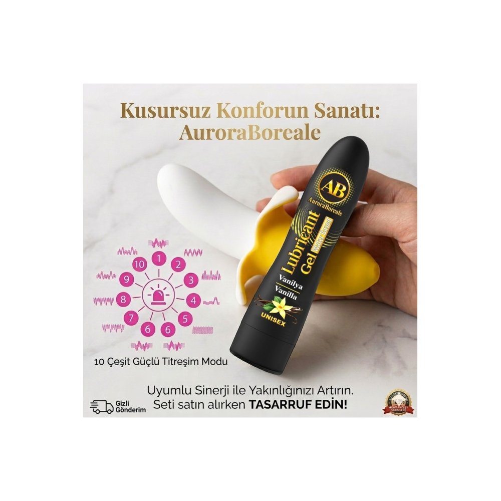 Premium Vanilyalı Kayganlaştırıcı Jel 10 Modlu Muz Tasarımlı Masaj Aleti Aksesuar 2 li Seti