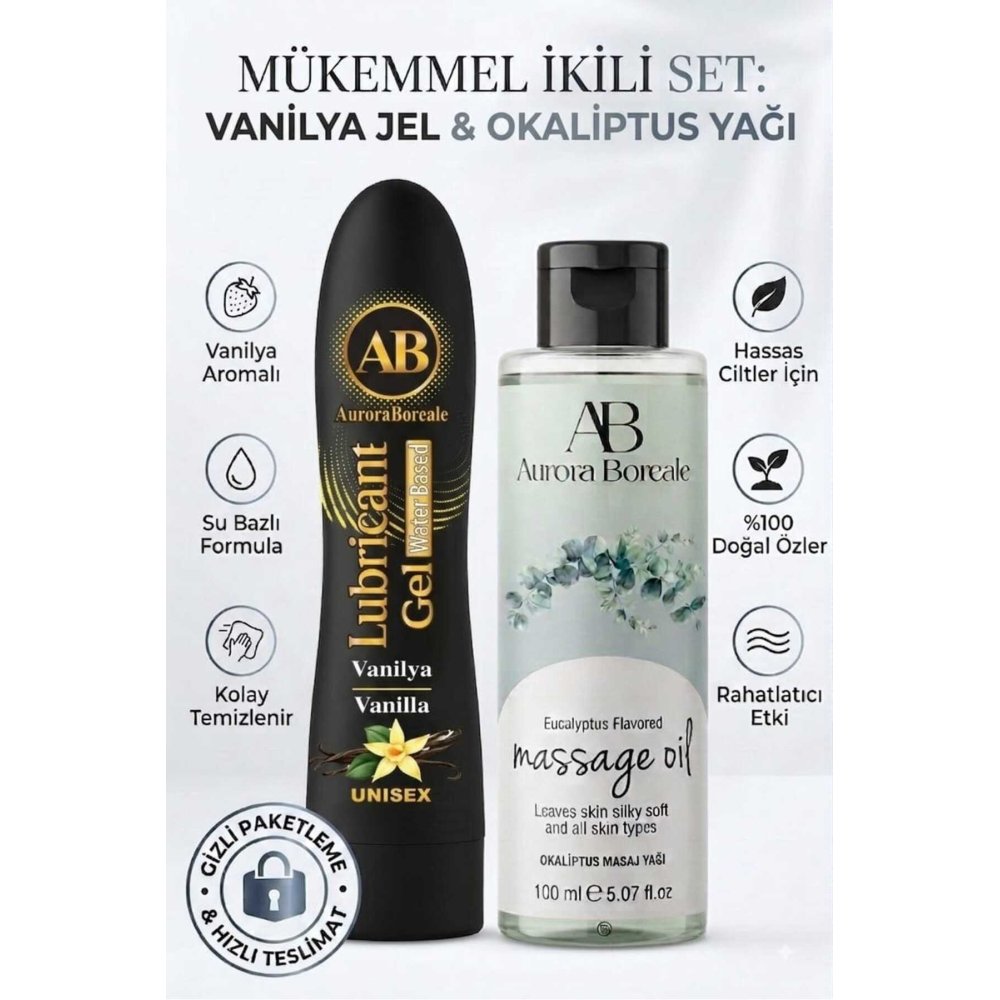 Premium Vanilyalı Kayganlaştırıcı Lubricant Jel Okaliptus Masaj Yağı 2 Li Set