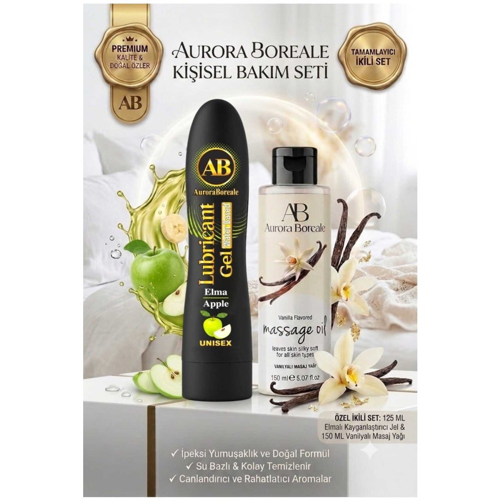 Premium Yeşil Elma Aromalı Kayganlaştırıcı Jel Vanilya Kokulu Masaj Yağı 2 si 1 Arada Set