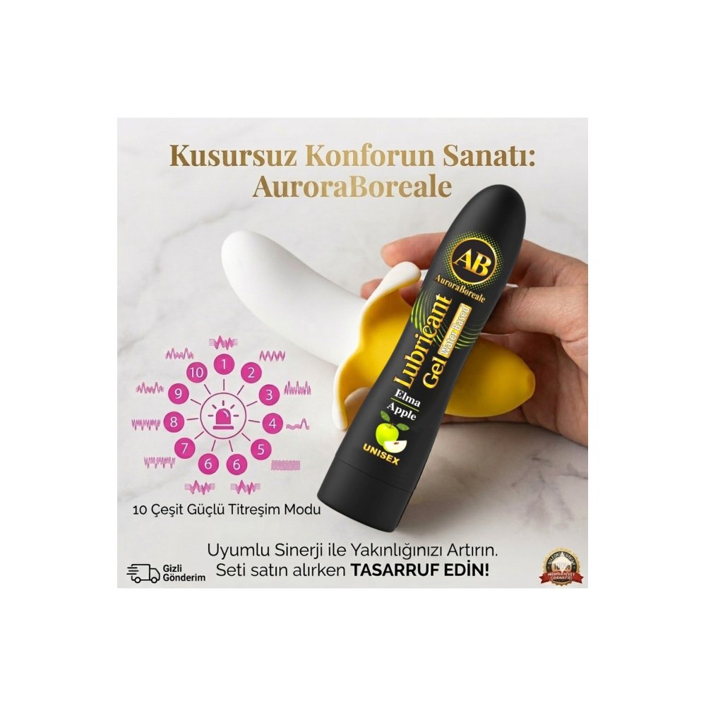 Premium Yeşil Elmalı Kayganlaştırıcı Jel 10 Modlu Muz Tasarımlı Masaj Aleti Aksesuar 2 li Seti