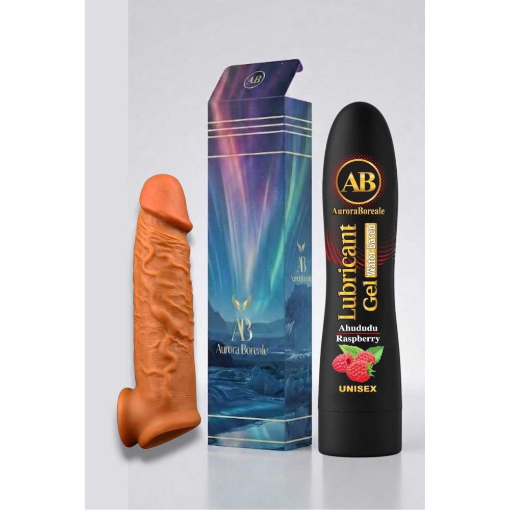 Realistik 16 Cm Penis Kılıf Oyuncak Dildo Kılıfı Premium Ahududu Aromalı Kayganlaştırıcı Jel Set