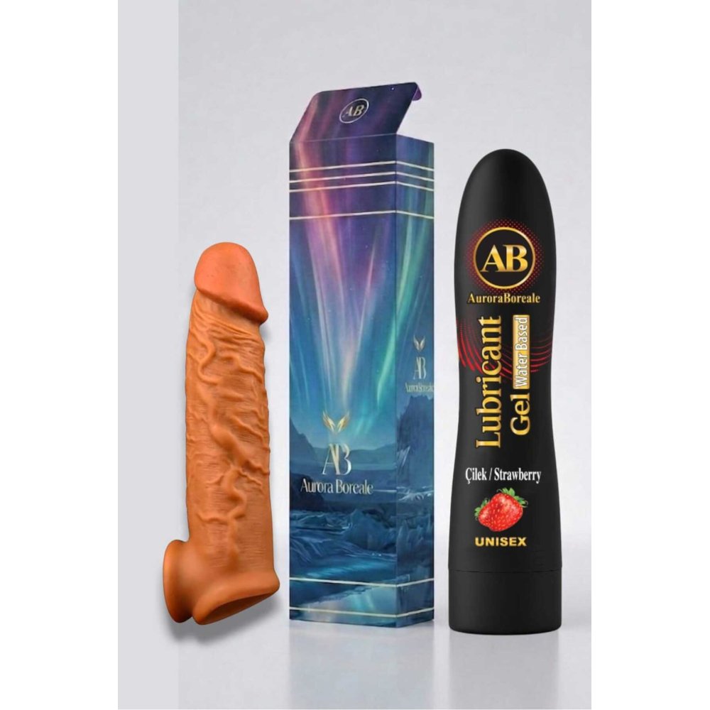 Realistik 16 Cm Penis Kılıf Oyuncak Dildo Kılıfı Premium Çilekli Kayganlaştırıcı Jel Set