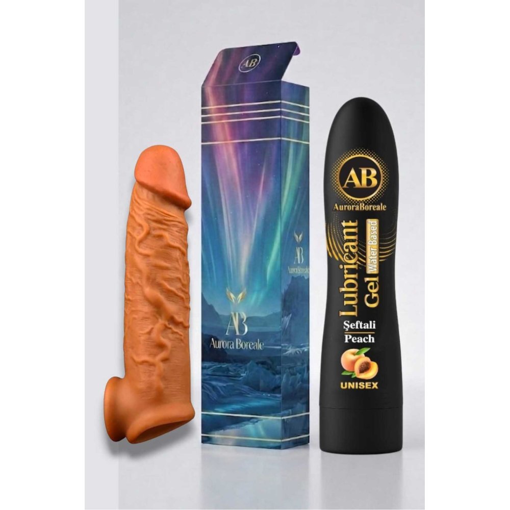 Realistik 16 Cm Penis Kılıf Oyuncak Dildo Kılıfı Premium Şeftali Aromalı Kayganlaştırıcı Jel Set