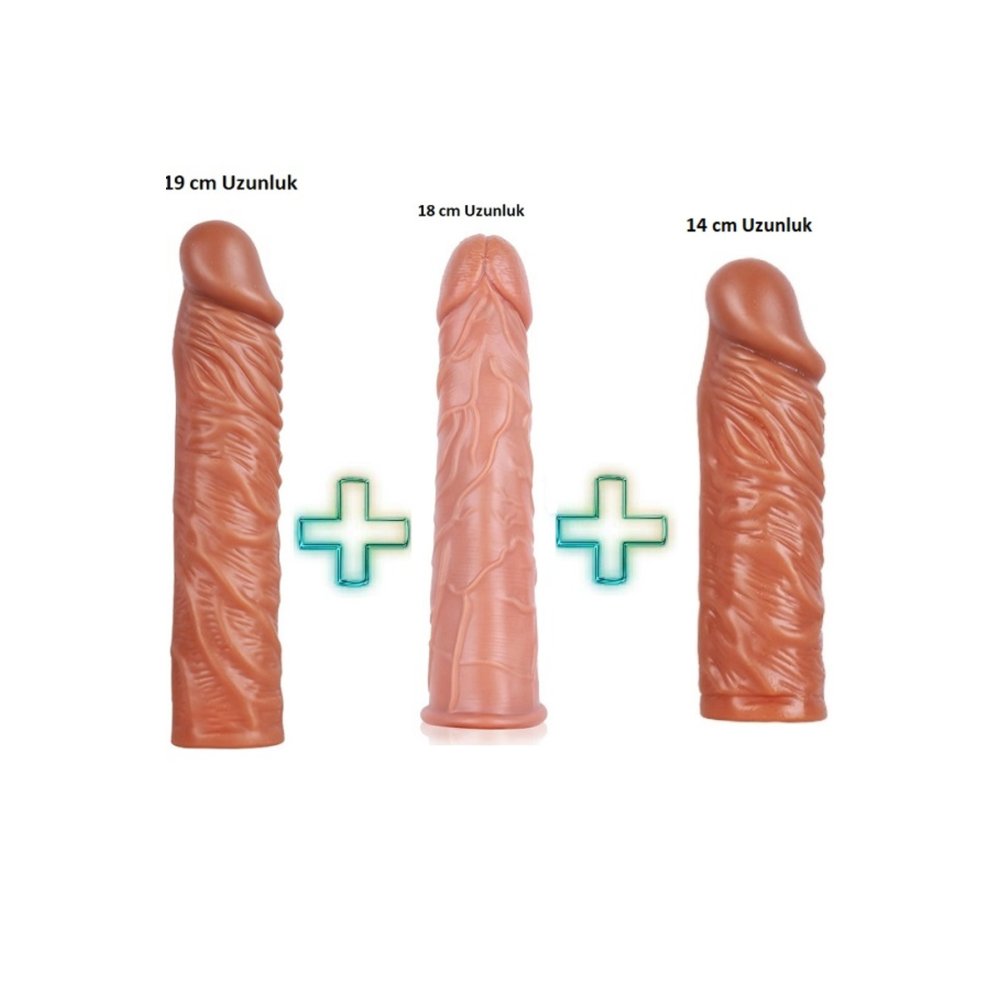 Realistik 19 cm 18 cm ve 14 cm Boyunda Damarlı Kaliteli 3 lü Silikon penis kılıfı Seti