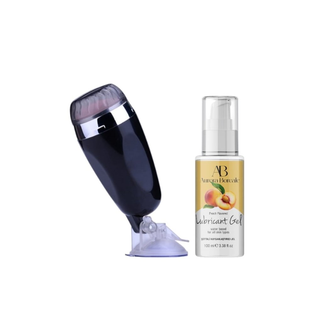Realistik Titreşimli 20 Cm Suni Vajina Vantuzlu Mastürbatör 100ML Şeftali Kayganlaştırıcı jel Seti