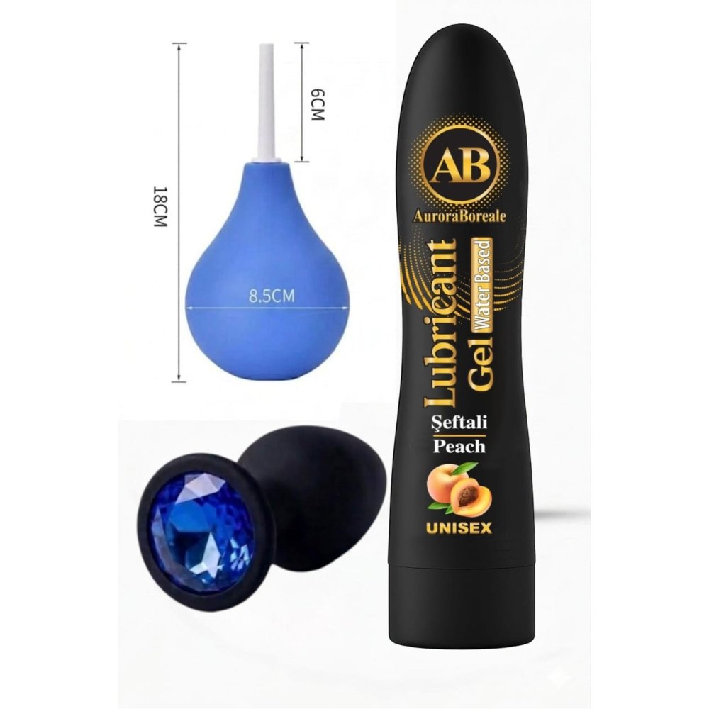 Şeftali Aromalı Premium Kayganlaştırıcı Jel Temizleme Pompası Mavi Taşlı Aksesuar 3 lü Set