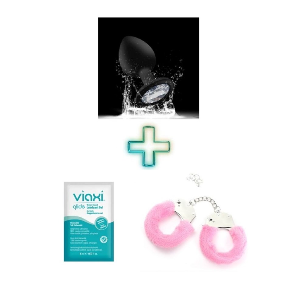 Silikon Dokulu Beyaz Taşlı Anal Plug Kayganlaştırıcı ve Pembe Kelepçe Hediyeli