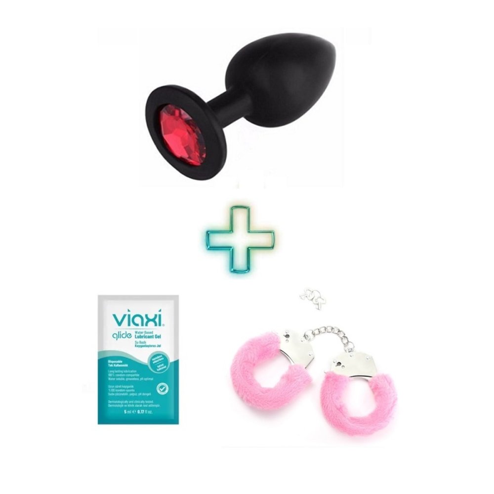 Silikon Dokulu Kırmızı Taşlı Anal Plug Kayganlaştırıcı ve Pembe Kelepçeli