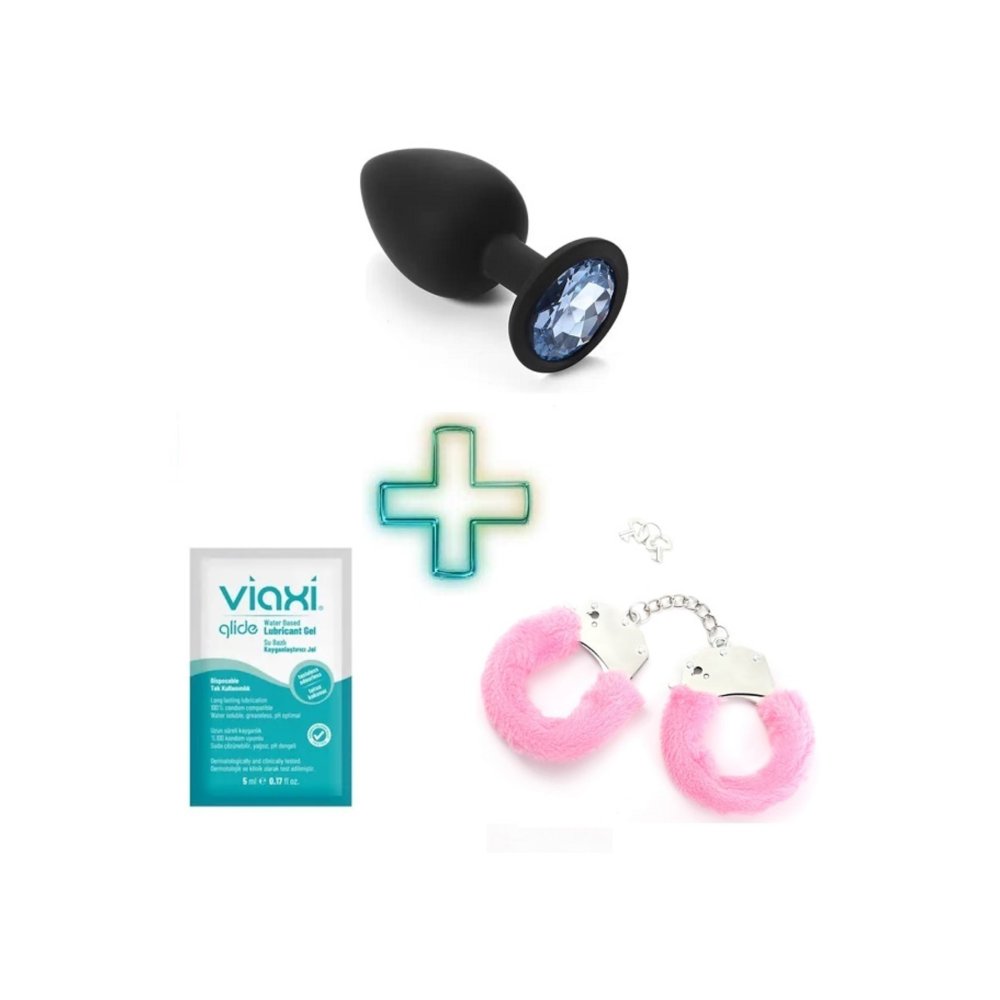 Silikon Dokulu Mavi Taşlı Anal Plug Kayganlaştırıcı ve Pembe Oyuncak
