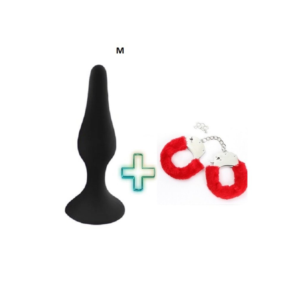 Silikon Dokulu Vantuzlu M Model Siyah Anal Plug Tıkaç Kırmızı Kelepçe Seti