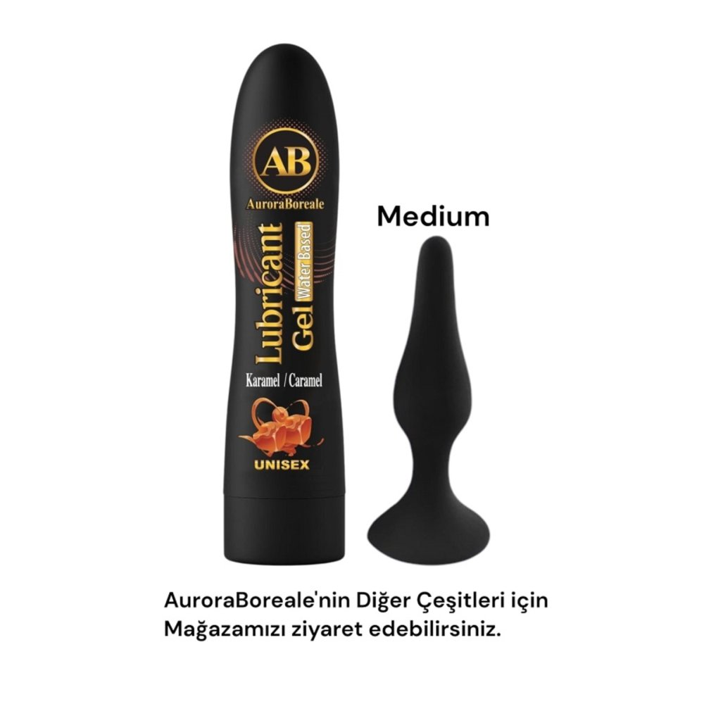 Silikon M Beden Siyah Anal plug Büyük Boy Karamel Aromalı Kayganlaşatırıcı jel Seti