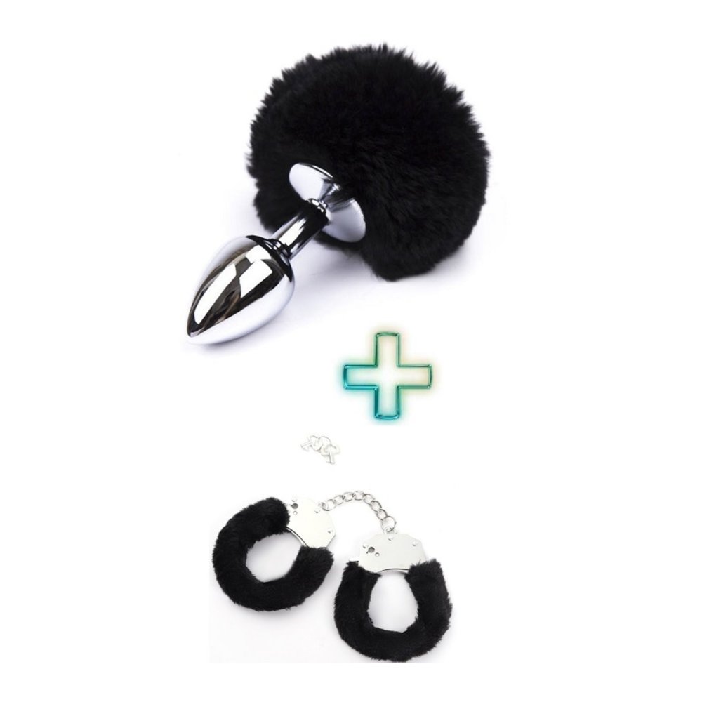 Siyah Ponpon Kuyruklu Anal Plug Tıpa ve Siyah Peluşlu Kelepçe
