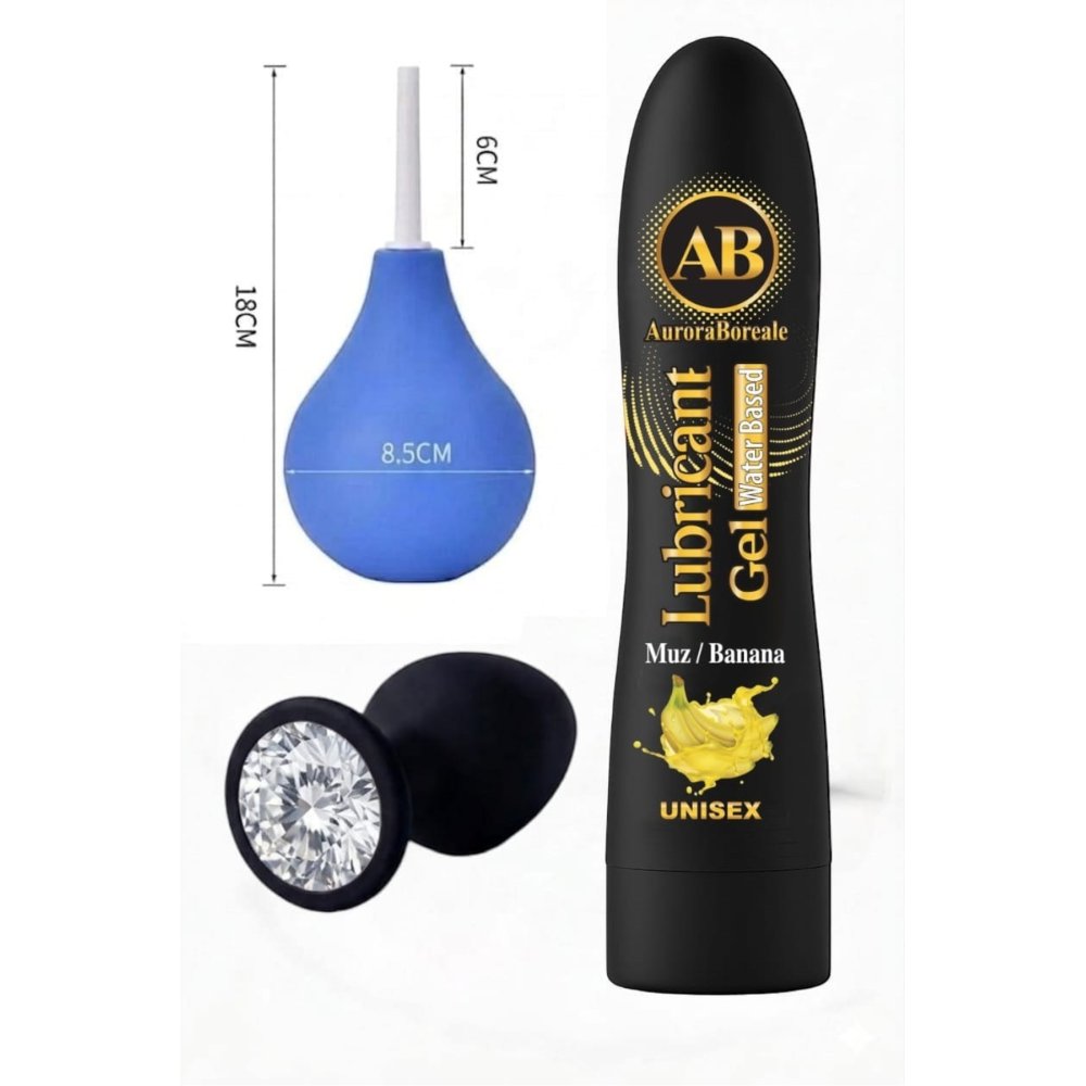 Temizleme Pompası Beyaz Taşlı Anal Plug Muzlu Kayganlaştırıcı Jel Üçlü Set