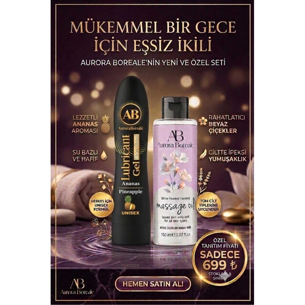 Ultra Kayganlık Ananas Aromalı Kayganlaştırıcı Jel Beyaz Çiçekler Masaj Jeli 2 si 1 Arada Set